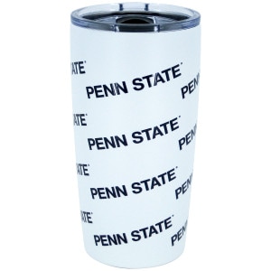 white tumbler with repeating Penn State spiraling